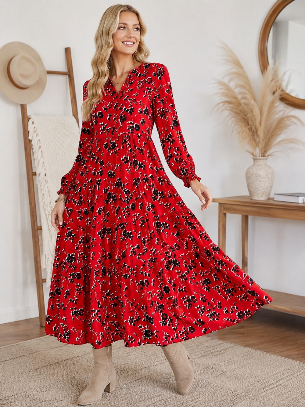 Zara Red Floral Long-Sleeve Tiered Maxi Dress